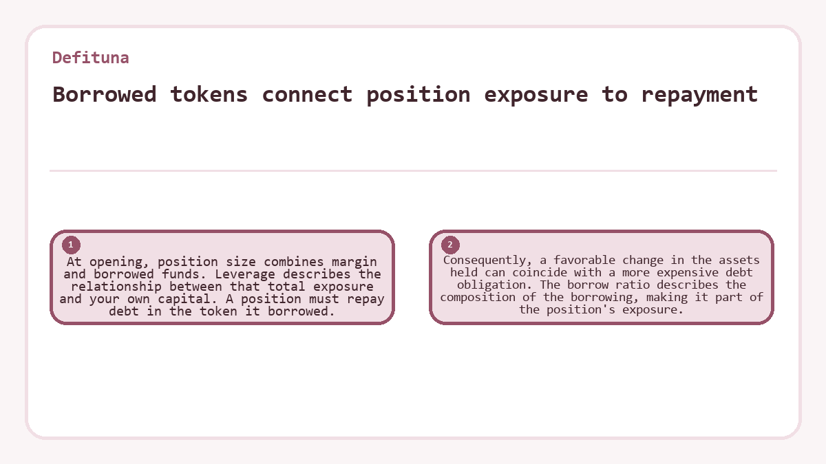 Borrowed tokens connect position exposure to repayment: At opening, position size combines margin and borrowed funds. Leverage describes the relationship between that total exposure and your own capital. A position must repay debt in the token it borrowed.; Consequently, a favorable change in the assets held can coincide with a more expensive debt obligation. The borrow ratio describes the composition of the borrowing, making it part of the position's exposure.